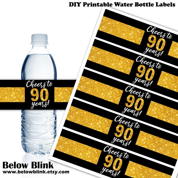 Cheers to 90 Years Water Bottle Labels, Wrappers, Printable Labels, Gold 90th Birthday, Instant Download - DP1039 Il_570xn