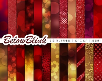 Red Bokeh Digital Paper, Red Glitter Scrapbook Paper, Lights, Lens Effect Gold Bokeh Background, Christmas Papers, Commercial Use DP907