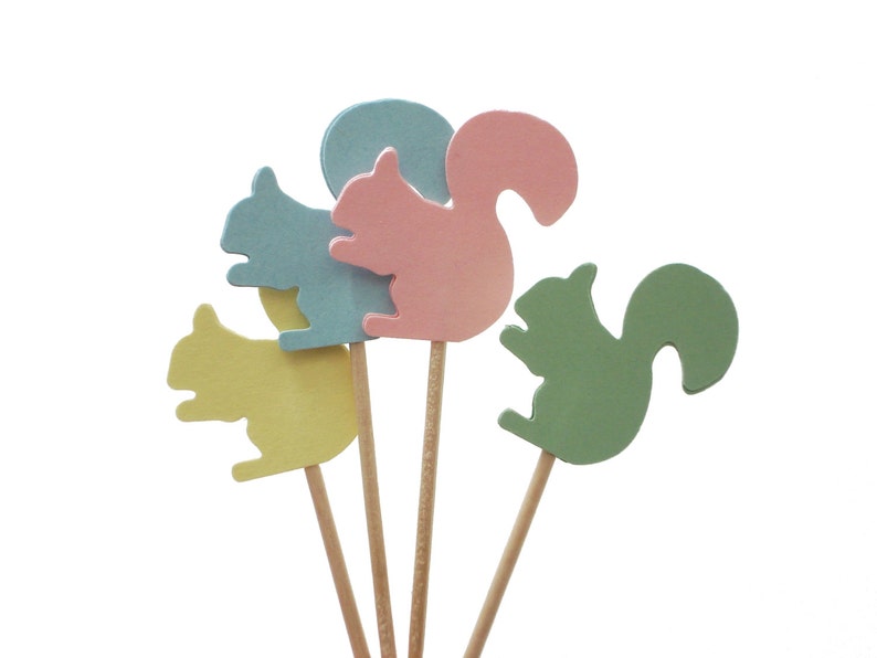 24 Pastel Squirrel Cupcake Toppers, Food Picks, Toothpicks, Food Picks, Appetizer Picks, Birthday Party Decoration No535 image 1