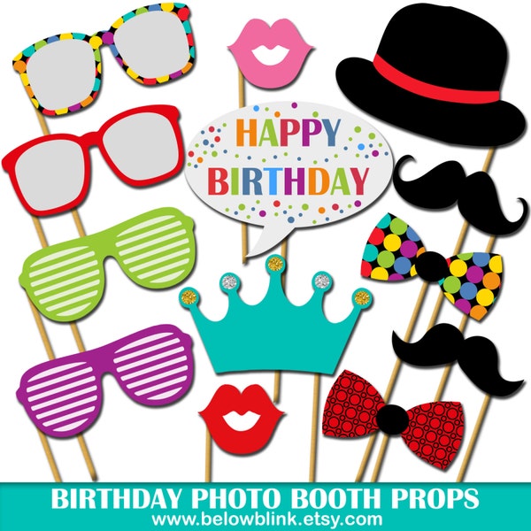 Birthday Photo Props, Printable Photo Booth Props, Happy Birthday Party Props, Mustaches on a Stick, Party Props - DP421
