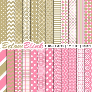 Könnte beinhalten: Ein Set mit 16 digitalen Papieren mit geometrischen Mustern in Pink und Gold. Die Papiere sind 30,5 cm x 30,5 cm groß und haben eine Auflösung von 300 DPI. "Below Blink" steht in weißer Schrift oben im Bild.