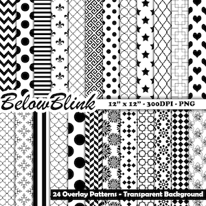 24 PNG schwarz Overlay Muster transparenten Hintergrund digitale Scrapbooking sofortigen download Streifen Tupfen Sterne Herzen - DP528