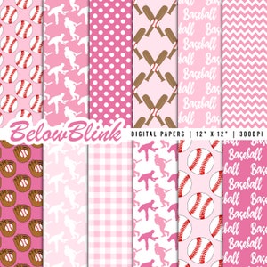 Pink Baseball Digital Paper, Seamless Backgrounds, Scrapbook Paper, Printable Papers, Baby Shower, Fabric Design, Birthday - DP1102