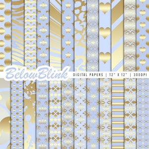 Papéis para scrapbook azul bebê e dourado, papel digital dourado, uso comercial, papéis para impressão, papel digital pequeno príncipe, folha de ouro DP895