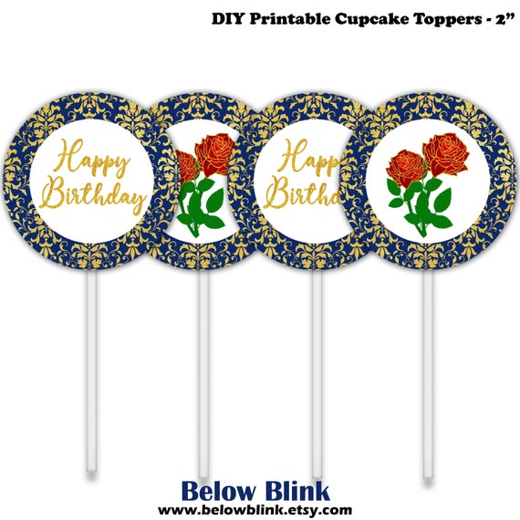 Beauty and the Beast happy birthday cupcake toppers digital gold red roses princess party download printable tags instant download DP948 Il_570xn