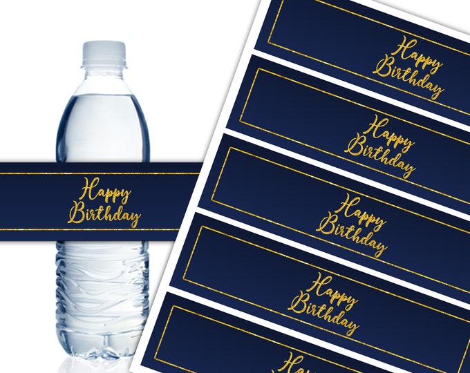 Happy Birthday Water Bottle Labels Birthday Navy Blue and Gold - Etsy