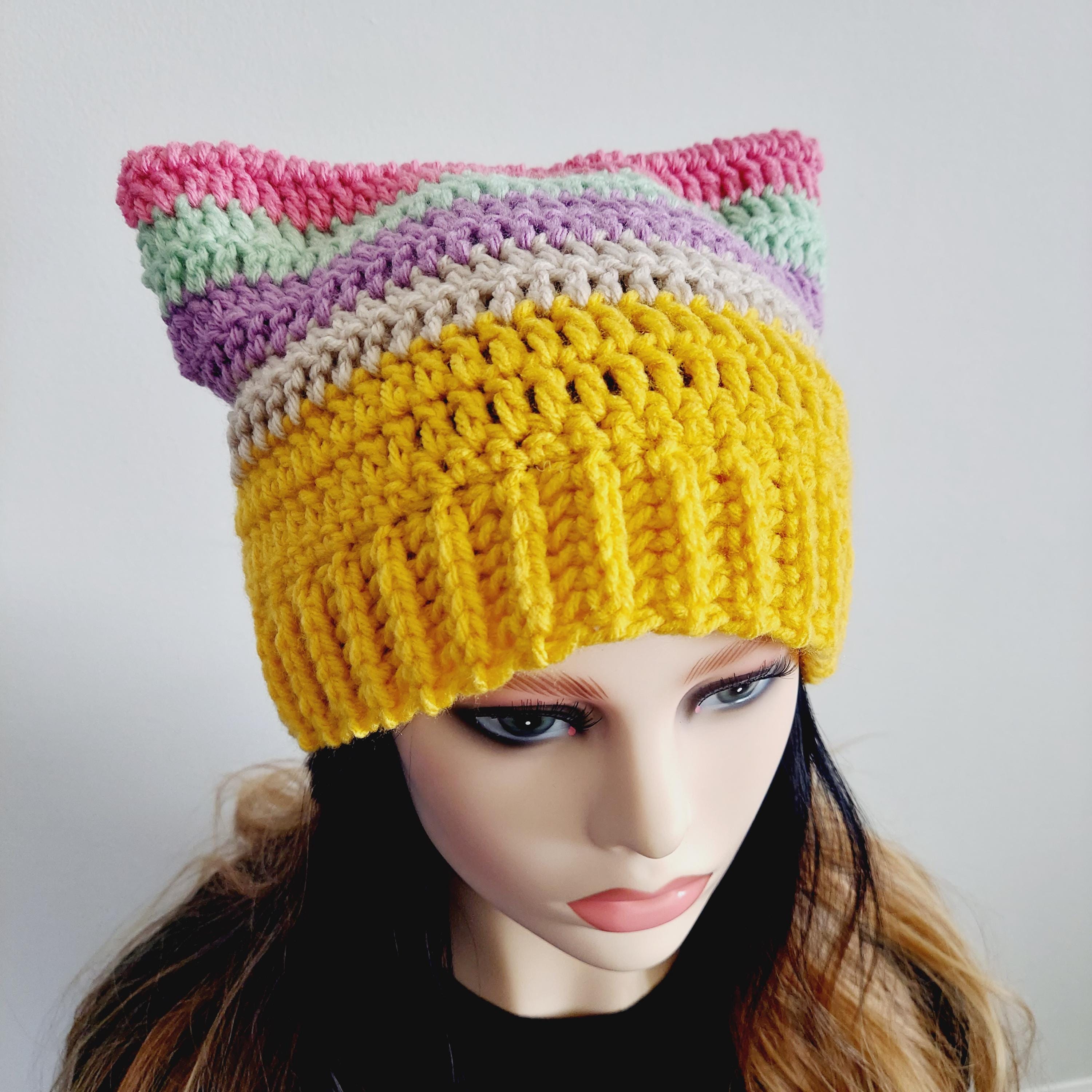 Handmade Crochet Cat Ear Beanie: Striped Acrylic Winter Hat  display picture 2