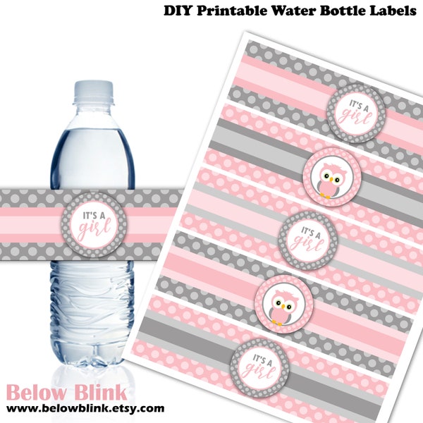 Owl Water Bottle Labels, It's a Girl Water Bottle Labels, Printable Labels, Girl Baby Shower, Pink and Gray, Instant Download - DP835