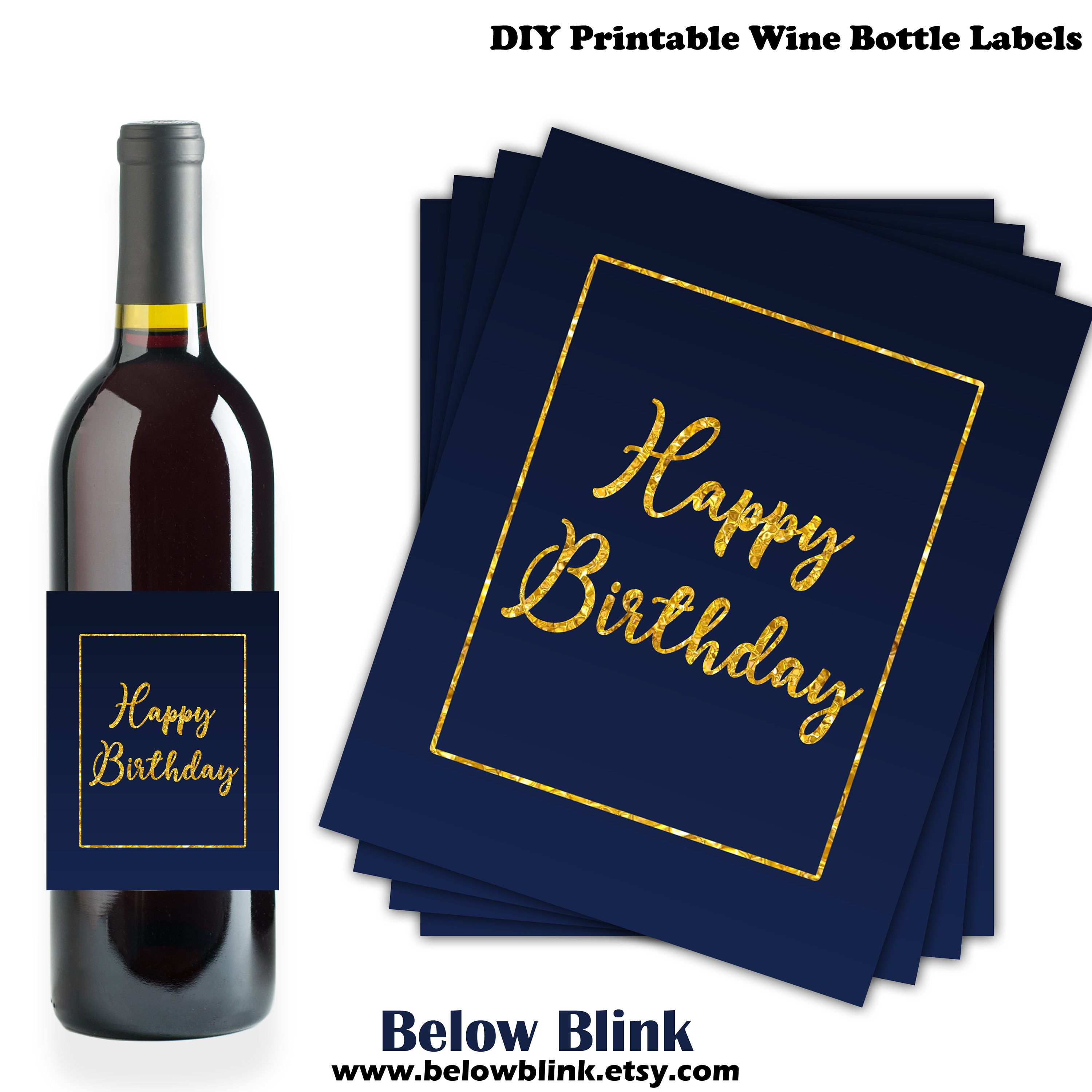 Happy Birthday Wine Bottle Labels Navy Blue Gold Favor Tags Birthday ...