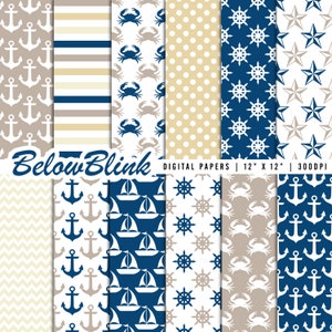 Nautisches Digitales Papier, Nahtlose Hintergründe, Scrapbook Papier, druckbare Papiere, Boot, Anker, Krabbe, Fabric Design - DP1114