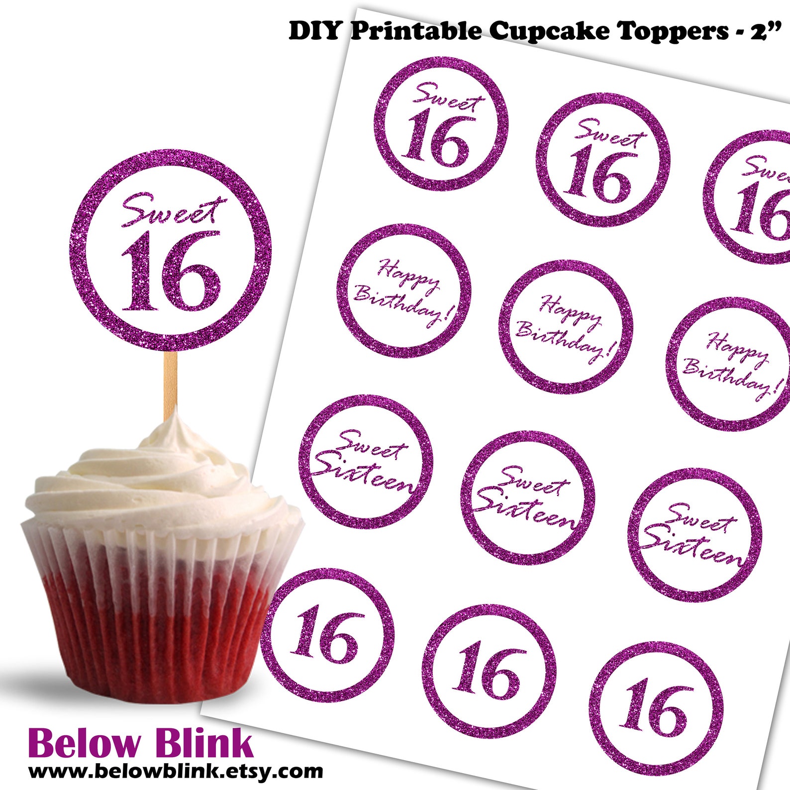 Sweet 16 Cupcake Toppers Happy Birthday Printable Cupcake Etsy