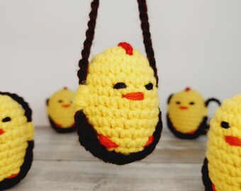Crochet Chicken Car Hanger Rearview Mirror Charm Hanging Chick on Swing Car Decor Holiday Gift