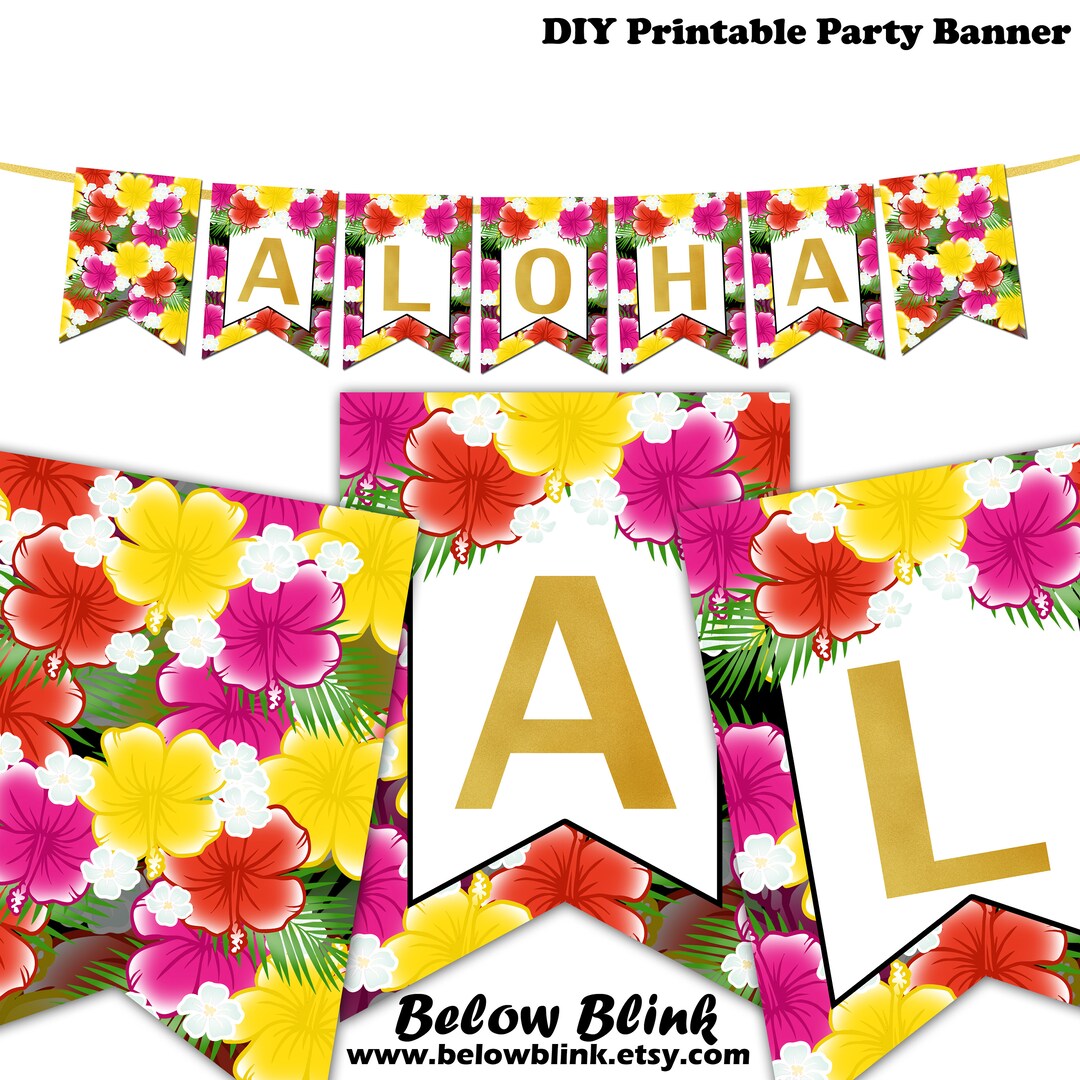 Aloha Banner Printable Hawaiian Luau Party Decorations Floral Hibiscus 