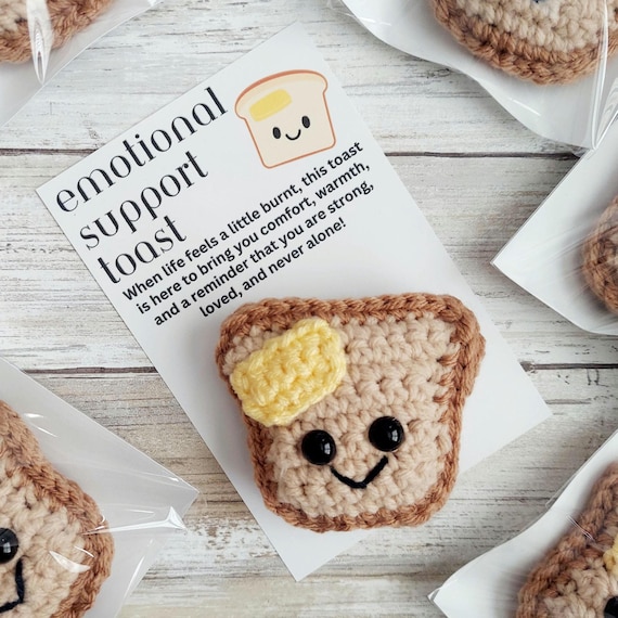 Emotional Support Toast with Butter, Crochet Amigurumi Pocket Hug Plush with Encouraging Message Card, Gift for Comfort & Anxiety Support