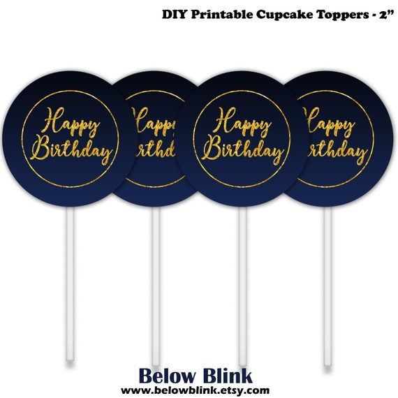 Printable Happy Birthday Cupcake Toppers Black and Gold - Digital Art Star