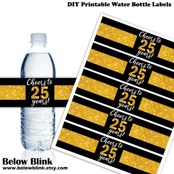 Cheers to 25 Years Water Bottle Labels, Wrappers, Printable Labels, 25th Anniversary Party Decor, 25th Birthday, Instant Download - DP866 Il_570xn