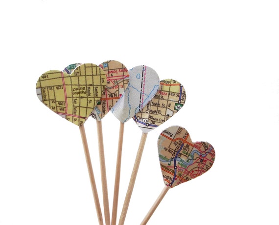 24 Map Atlas Heart Cupcake Toppers, Travel Theme Party, Sandwich Picks, Party Picks, Heart Food Picks - No1045 Il_570xn
