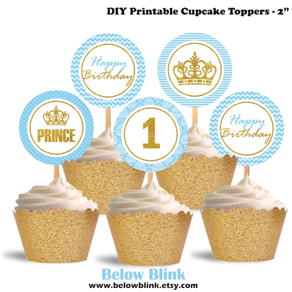 1st Birthday Cupcake Toppers, Prince Printable Cupcake Toppers, Blue and Glitter Gold - Instant Download - DP488 Il_570xn