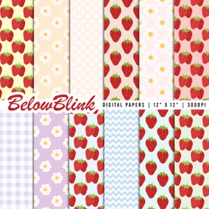 May include: Set of 10 digital papers featuring various patterns with strawberries and daisies. The patterns include gingham, polka dots, chevron, and floral designs. The papers are 12 inches by 12 inches and 300 DPI.