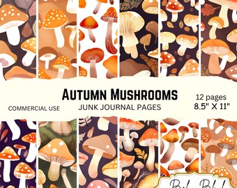 Autumn Mushrooms Junk Journal Pages Fall Digital Paper Pack Collage Sheets Printable Mushrooms Backgrounds Ephemera Scrapbook Paper