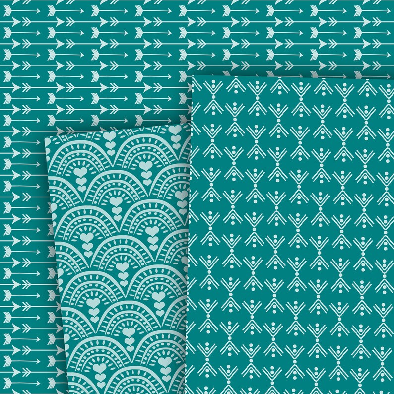 Teal Boho Digital Paper, Seamless Backgrounds, Bohemian Scrapbook Paper ...