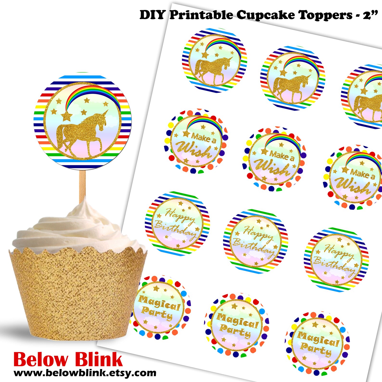 Rainbow Unicorn Cupcake Toppers Birthday Printable Cupcake | Etsy