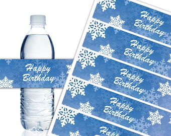 Frozen Happy Birthday Water Bottle Labels, Winter Wonderland Party Decorations, Printable, Snowflake, Instant Download DP953