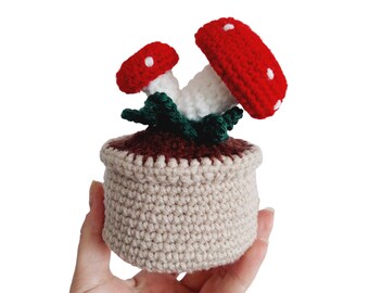 Crochet Mushrooms, Artificial Potted Plant, Whimsical Home and Office Decor, Handmade Crochet Plant, Amanita Mushroom