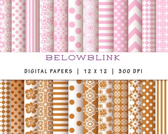May include: A set of 12 digital papers featuring a variety of patterns in pink and brown. The patterns include polka dots, stripes, floral designs, and geometric shapes. The papers are 30.5 cm by 30.5 cm and 300 DPI.