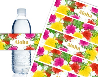 Aloha Water Bottle Labels Printable Hawaiian Luau Party Decorations Tropical Hibiscus Flowers Floral Instant Download DP1005