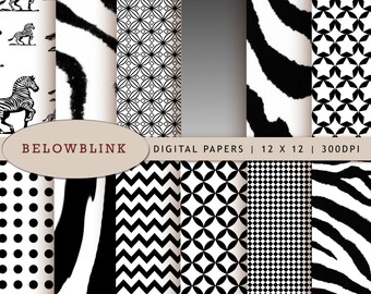 Black Zebra Digital Paper Pack, Scrapbook Papers, 12 jpg files 12 x 12 - Instant Download - DP218