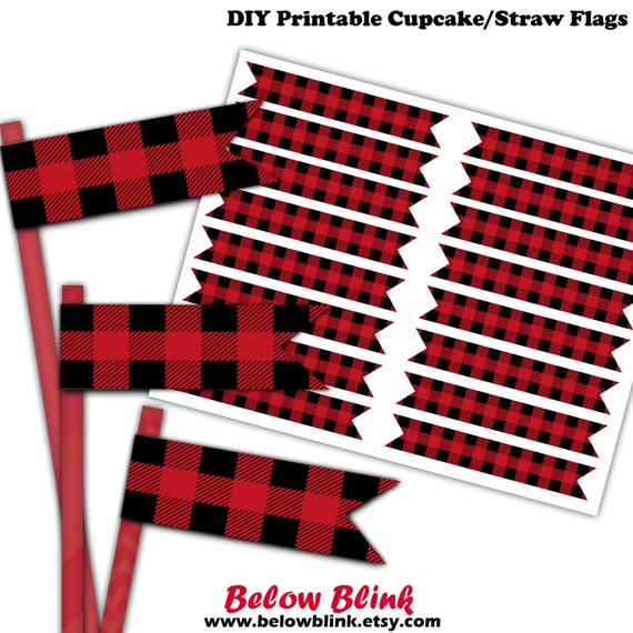 Printable Buffalo Plaid Straw Flags, Lumberjack Cupcake Toppers, Flags, Buffalo Plaid Party Decorations - Instant Download - DP557 Il_570xn