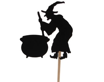 12 Black Witch and Cauldron Cupcake Toppers, Halloween Party Decorations - No254