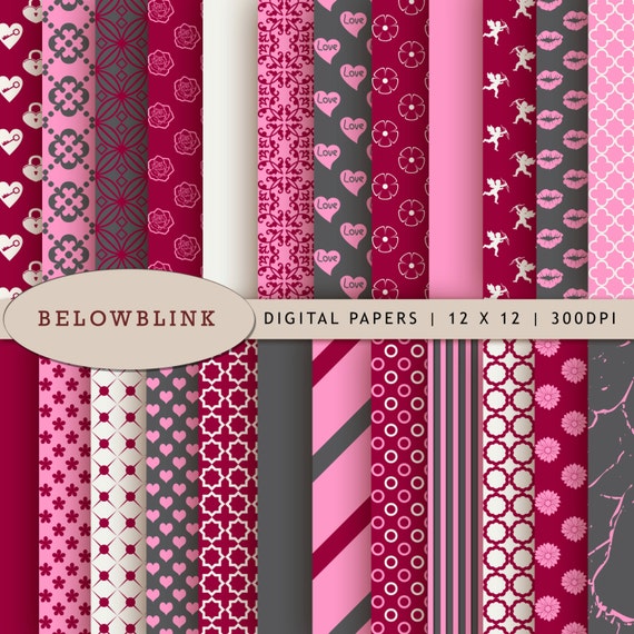 Valentine's Digital Paper Pack, Scrapbook Papers, 24 jpg files 12 x 12 - Instant Download - DP242 Il_570xn