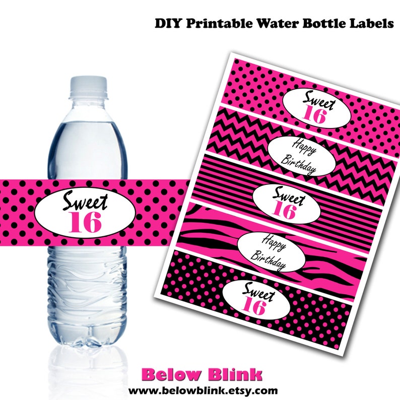 Sweet 16 Happy Birthday Water Bottle Labels, Printable Water Bottle Labels, Animal Print, Pink and Black Party Decor-Instant Download-DP383 image 1