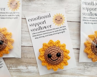 Emotional Support Sunflower Crochet Amigurumi, Handmade Plush with Encouraging Message Card, Gift for Positivity & Self-Care, Pocket Hug