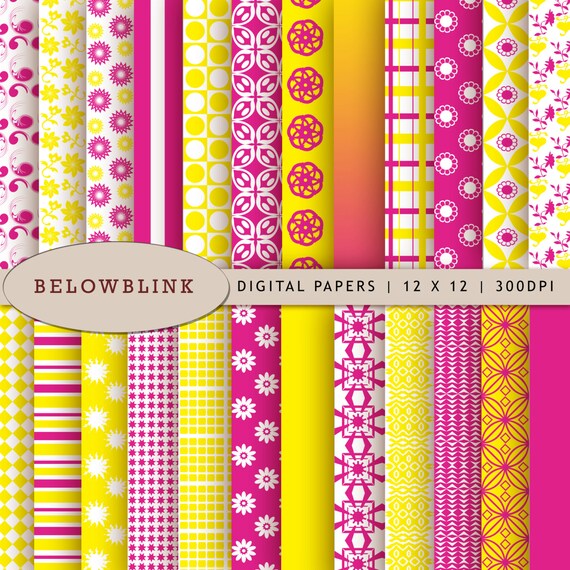 Pink and Yellow Digital Paper Pack, Scrapbook Papers, 24 jpg files 12 x 12 - Instant Download - DP231 Il_570xn