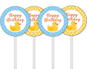 Rubber Duck Happy Birthday Cupcake Toppers Printable Party Picks Food Toppers 1st Birthday Party Tags Labels Instant Download DP1000
