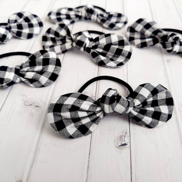 Black Gingham Top Knot Hair Bow Ties, Ponytail Holder, Elastic Hair Bands, Hair Accessories, Top Knot Bows