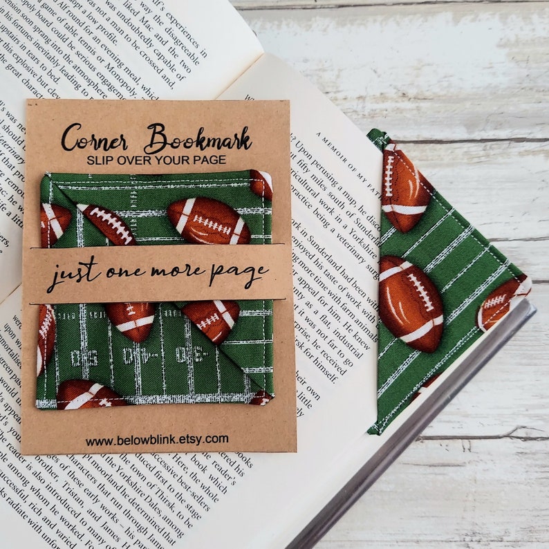 Football Bookmark, Fabric Corner Bookmark, Teacher Gift, Book Club Gift, Bookworm Reader, Stocking Stuffer, Bookmark for Him, Page Saver image 2