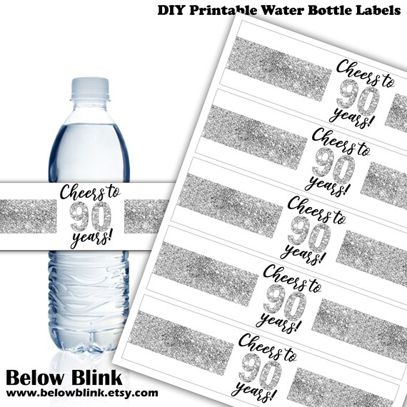 Cheers to 90 Years Water Bottle Labels, Wrappers, Printable Labels, Silver 90th Birthday, Instant Download - DP1011 Il_570xn
