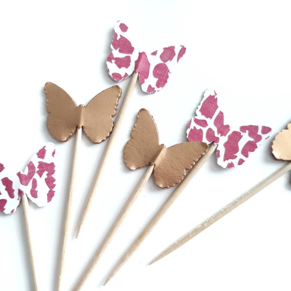 24 Butterfly Cupcake Toppers, Animal Print Pink and Rose Gold Butterfly, Butterfly Baby Shower, Spring Party - No597