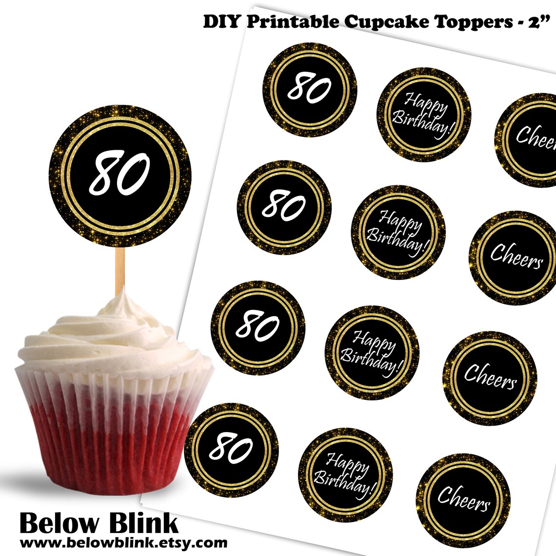 80th Birthday Cupcake Toppers Cheers to Eighty Printable Etsy