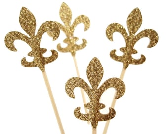 Glitter Gold Fleur De Lis Cupcake Toppers, French Party, Birthday Decorations, available in glitter silver - No256