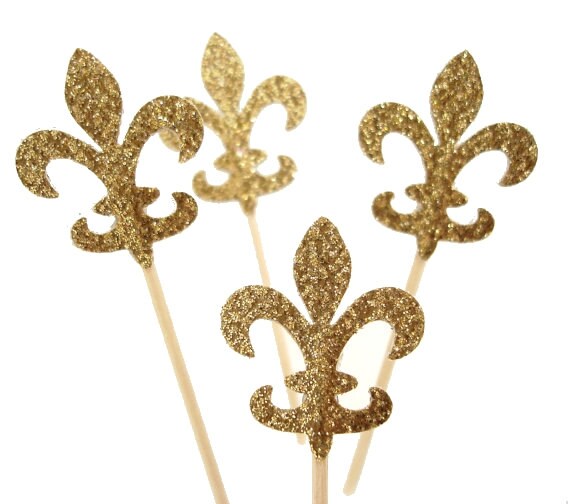 Glitter Gold Fleur De Lis Cupcake Toppers, French Party, Birthday Decorations, available in glitter silver - No256 Il_570xn