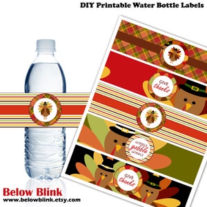 May include: Printable water bottle labels featuring a Thanksgiving theme with a cartoon turkey wearing a pilgrim hat. The labels have a variety of designs including plaid, stripes, and a turkey with the text "Give thanks" and "Gobble gobble gobble".