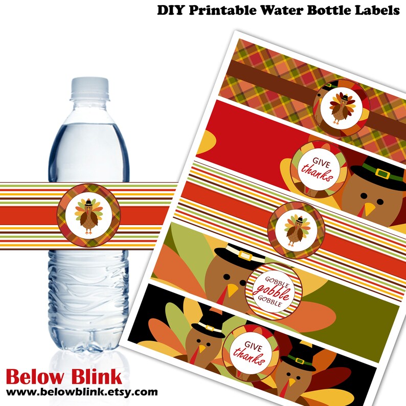 May include: Printable water bottle labels featuring a Thanksgiving theme with a cartoon turkey wearing a pilgrim hat. The labels have a variety of designs including plaid, stripes, and a turkey with the text "Give thanks" and "Gobble gobble gobble".