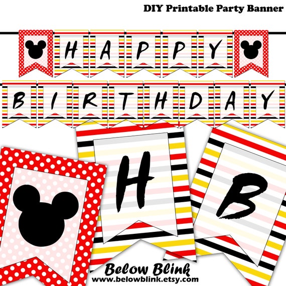 Mickey Mouse Happy Birthday Banner, Printable Banner, Mickey Bunting Banner, Mickey Mouse Birthday Banner, Instant Download DP956 Il_570xn