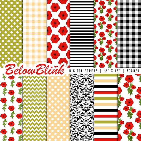 Poppy Flower Digital Paper, Seamless Backgrounds, Scrapbook Paper, Printable Papers, Floral, Gingham, Damask, Fabric Pattern - DP1118 Il_570xn