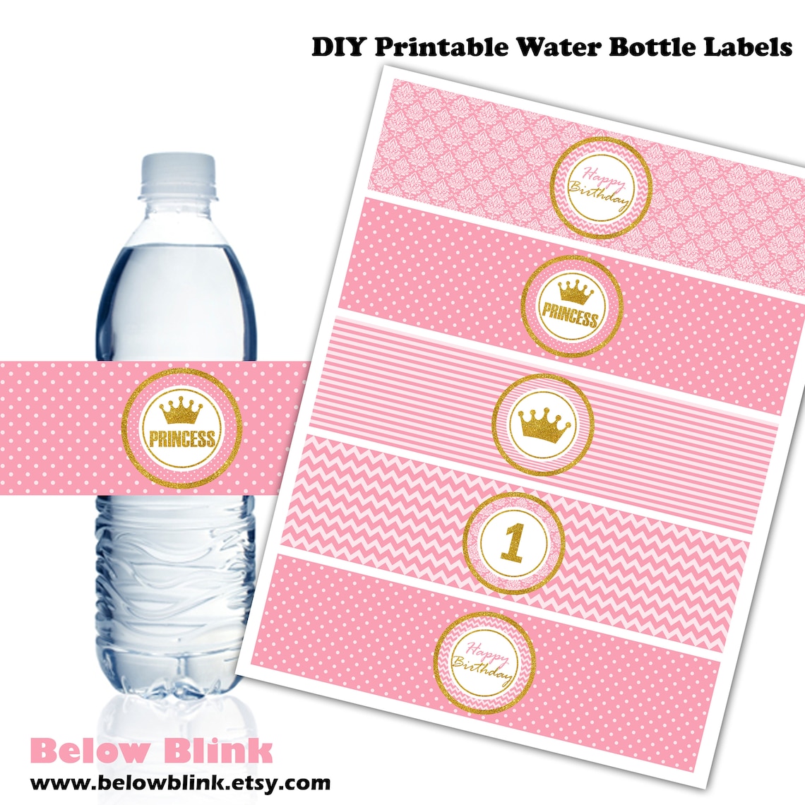 1st Birthday Water Bottle Labels Printable Pink and Gold | Etsy